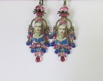 Boucles d'oreilles Frida, bohèmes, 11 tiges, avec des breloques artisanales, des perles gouttes, et des perles de bohème