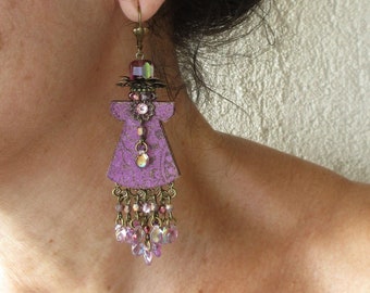 Kimono earrings, Japanese style, with Czech beads, and artisanal wooden charms