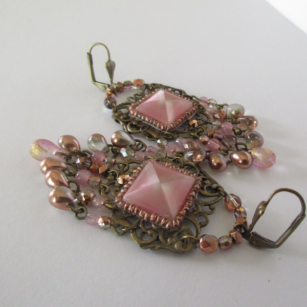 Baroque earrings with drop pearls, square cat's eye cabochons pink tone and rose gold