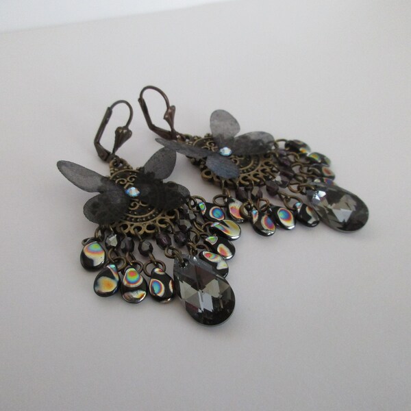 Black organza butterfly earrings, baroque, drops and Swarovski rhinestones, Czech pearls, black, anthracite