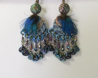 Boucles d'oreilles paon, avec des perles tchèques, des sequins ronds recouverts de liberty et de véritables plumes de paon