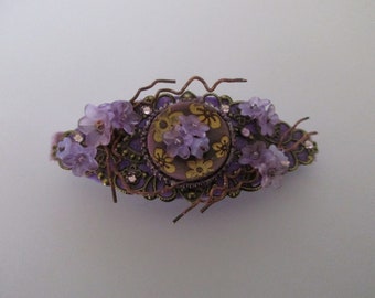 Barrette bohème, 8cm, avec un bouton rustique, des perles fleurs, des tiges en cuivre, tons violet et or