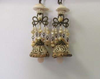 Whirling dervish earrings, 5 stems, with artisanal ceramic charms, and mother-of-pearl beads