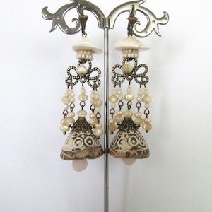 Whirling dervish earrings, 5 posts, with handcrafted ceramic charms and mother-of-pearl beads
