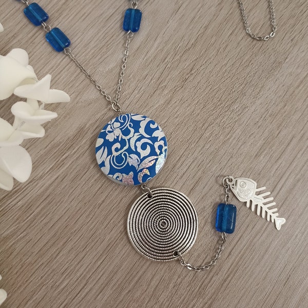 Collier sautoir bleu perle de verre breloque poisson entièrement en acier inoxydable