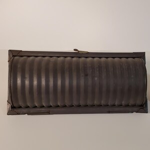 19th C. 10" Tin Ribbed Cylindrical Steamed Bread or Pudding Mold w/Window. 2 Part Hinged Clamshell Mold 11" W x 4" H overall