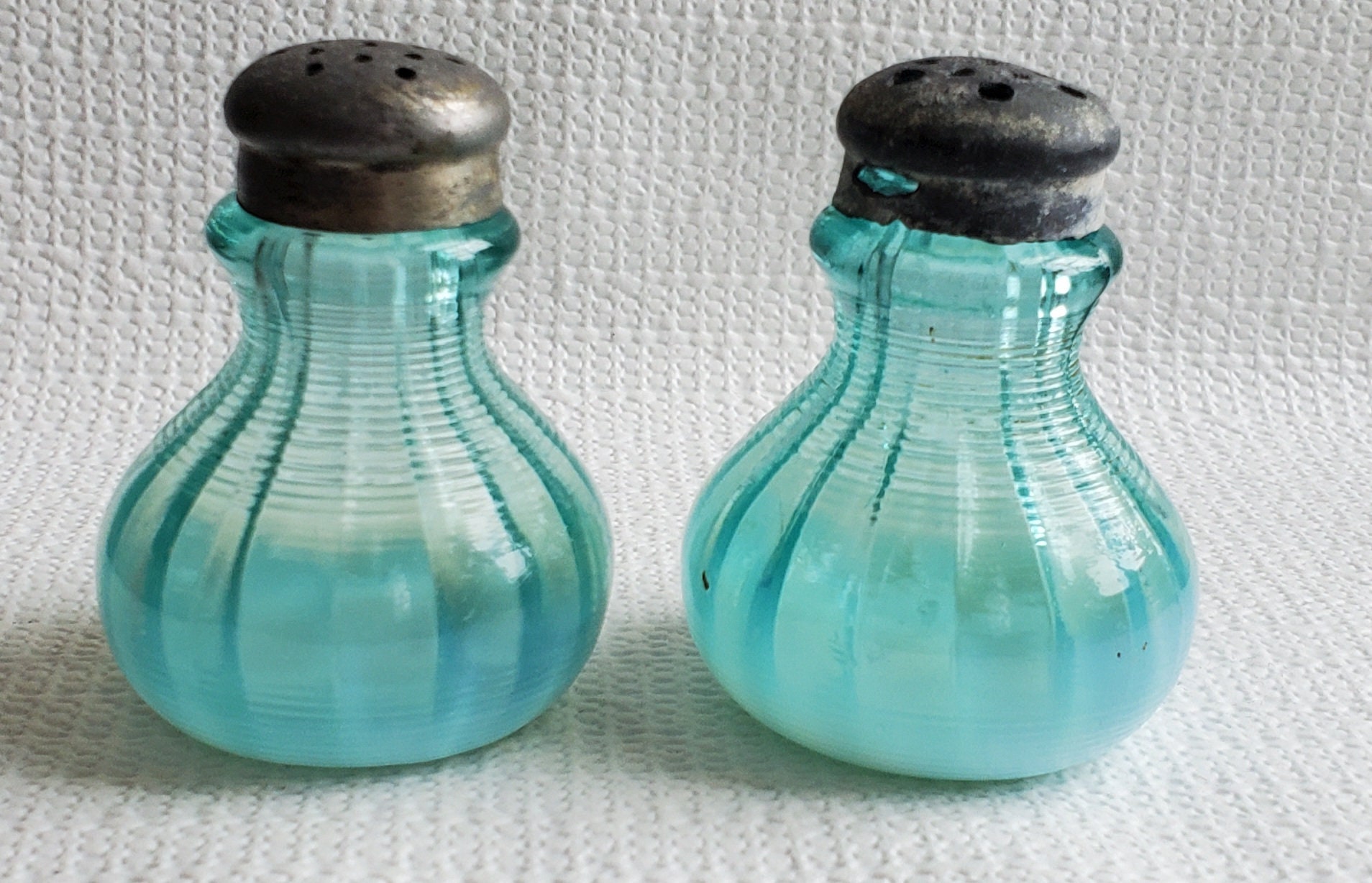 EAPG Shakers Turquoise Blue Green Glass Scroll Narrow Base Antique