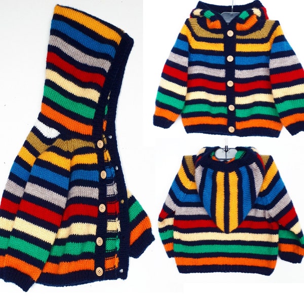 Veste capuche bébé, layette tricot fait main , laine acrylique, cadeau bébé 1 an