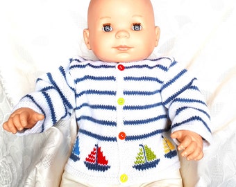 Gilet bébé tricot, layette fait main, style marin, taille 3 mois