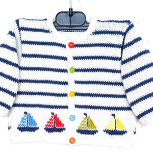 Handmade knitted baby vest with boats, size 3 months