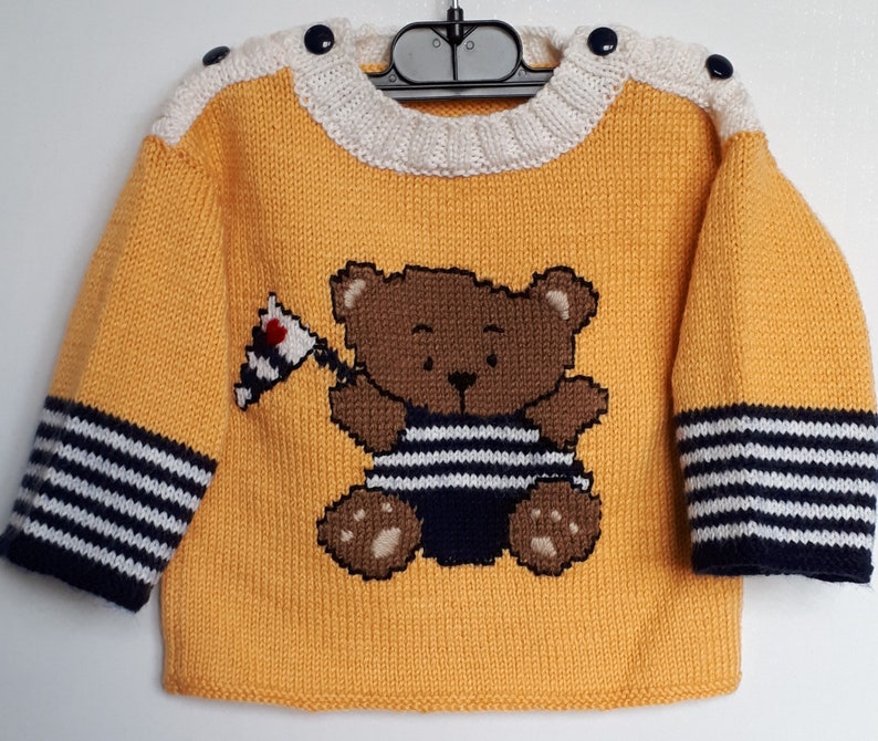 PULL BEBE 1 an tricot main laine jaune ours marin cadeau ...