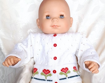 Gilet bébé tricot main, layette fait main, en laine, avec des fleurs brodées, cadeau pour bébé