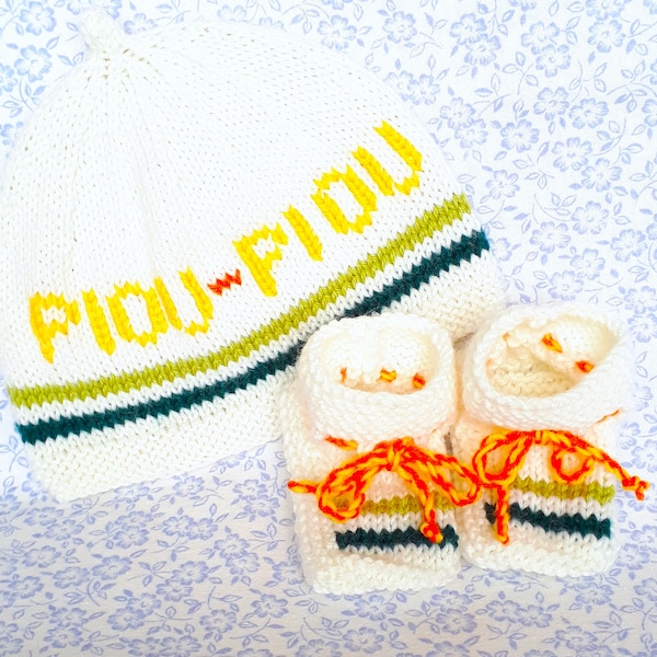 Layette naissance, ensemble bonnet chausson, tricot fait main, en laine oeko-tex