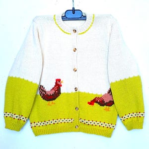 Children&#39;s cardigan with chickens, hand knitted, size 4 years