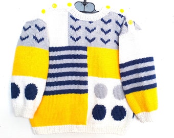 Pull enfant, tricot  fait main, multicolore, en laine , avec des formes géométriques cadeau 2 ans