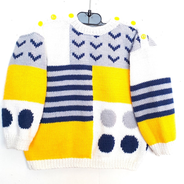 Pull enfant, tricot  fait main, multicolore, en laine , avec des formes géométriques cadeau 2 ans