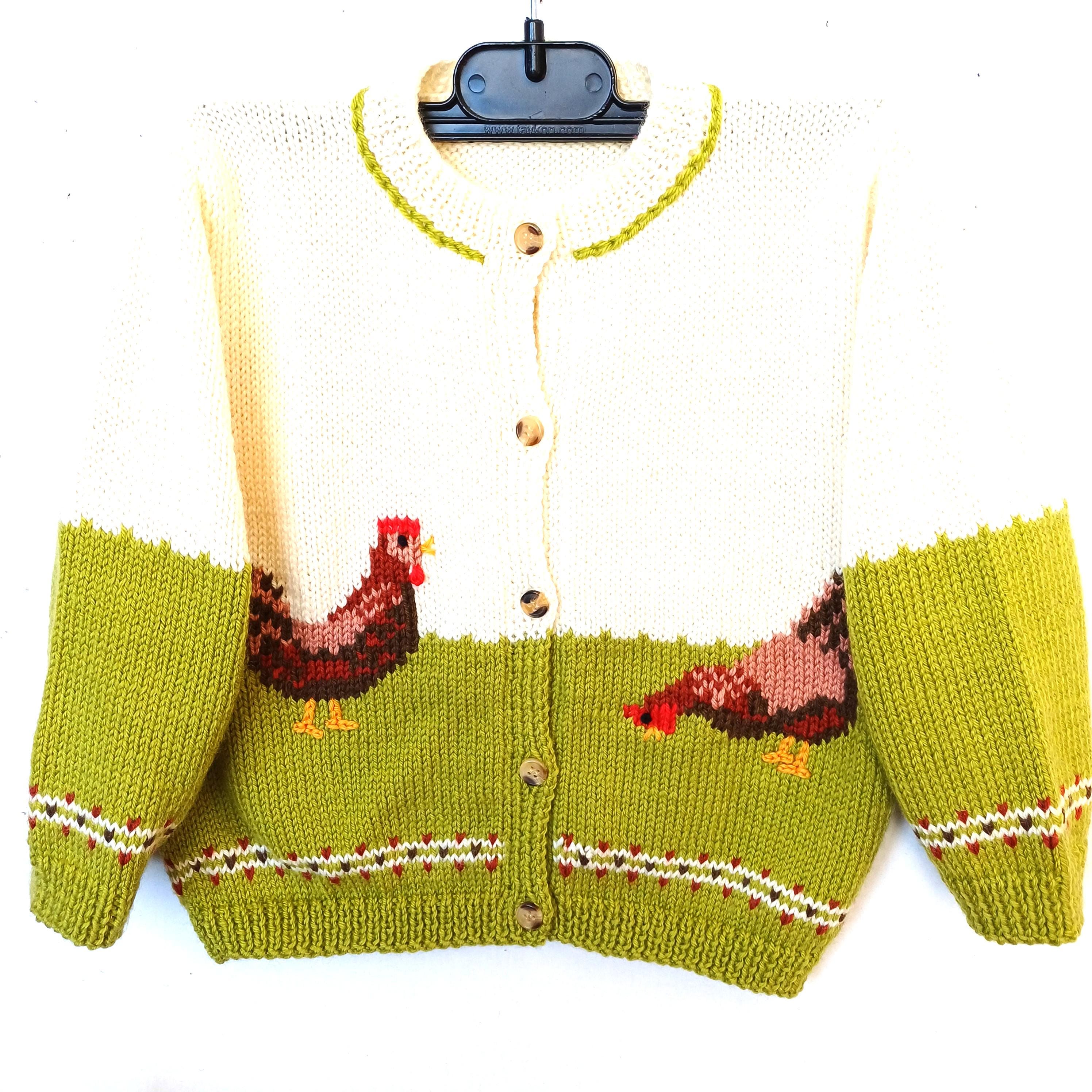 Cardigan pull rouge vintage tricoté main animaux de la ferme Berek
