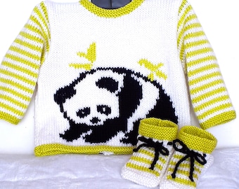 Knitted baby bra, with slippers, handmade layette, panda