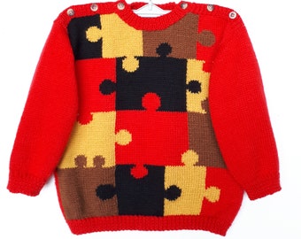 Pull enfant tricoté main, en laine, avec motif puzzle, enfant 2 ans