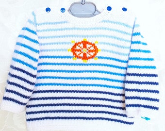 PULL marin bébé tricot main, layette en laine, taille 1 an