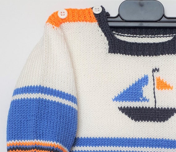 Pull Coton Tricot Fait Main Pour Bebe 6 Mois Motif Bateau Etsy
