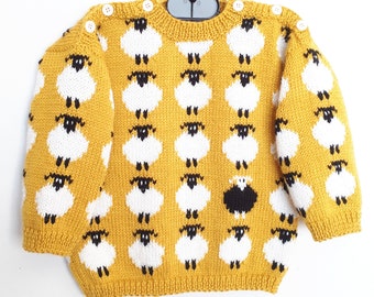 Knitted baby sweater, handmade layette, wool, sheep pattern,