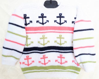 Pull enfant, tricot main, style marin, pour fille taille 2 ans, en laine