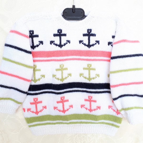 Pull enfant, tricot main, style marin, pour fille taille 2 ans, en laine