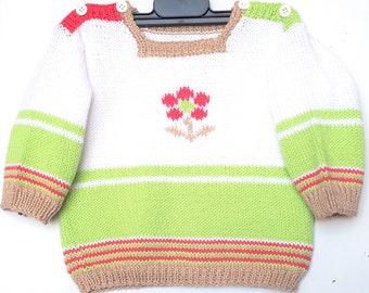 layette bébé tricot, pull fait main en coton, motif fleur