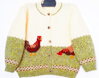 Veste gilet enfant, tricot enfant fait main, cadeau enfant , motif poule