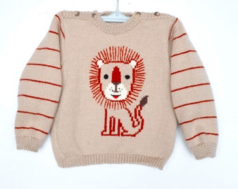 Pull enfant tricot, fait main, en laine, avec un lion, cadeau 2 ans