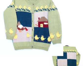 Gilet tricot enfant, fait main, en laine, motif poule, pour cadeau taille 4 ans