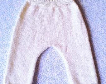 White baby pants, birth, hand knit layette, wool