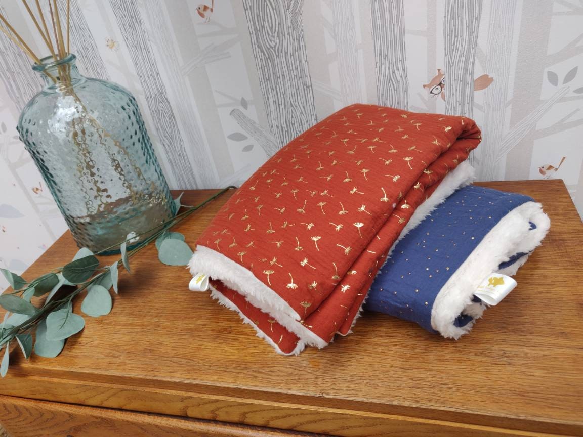 Couverture Pour Bébé Doublée Fourrure Double Gaze Rouille et Détail Or