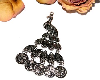 Pendant 74 X 46 mm Tibetan silver Peacock animals