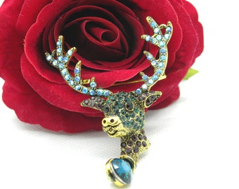 Pendentif tête cerf, cerf doré strass, animal a corne, cerf argenté, pendentif articulé, cerf articulé, pendentif cerf, cerf strass, cerf,