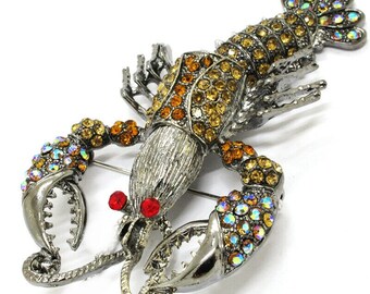 Pendentif broche homard, pendentif crevette strass, gros homard articulé, homard strass, homard bicolore, gros homard, homard, crevette,