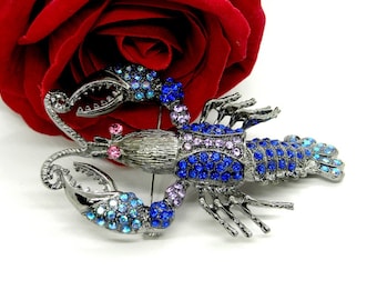 Gros pendentif homard, pendentif crevette strass, gros homard articulé, homard strass, homard bicolore, gros homard, homard, crevette,