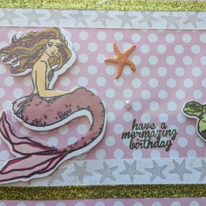Pink and green mermaid birthday card