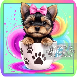 Image de chien Yorkie dans une tasse, image de chiot dans une tasse, amateur de café Png, téléchargement immédiat graphique aquarelle Splash, image de fête imprimable, a200