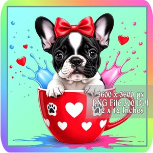 Bouledogue Frenchie Png, Image de chiot dans une tasse, Png pour amateur de café, Téléchargement instantané graphique aquarelle Splash, Image de fête imprimable, a198