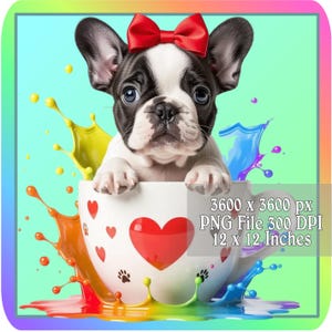 Bouledogue Frenchie Png, Image de chiot dans une tasse, Png pour amateur de café, Téléchargement instantané graphique aquarelle Splash, Image de fête imprimable, a197
