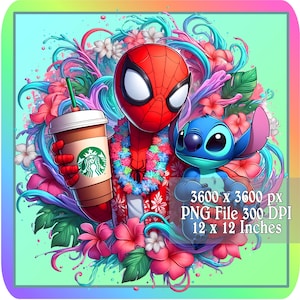 Spiderman & Stitch Png, Image pour amateur de café, tasse à café Spiderman Png, téléchargement immédiat graphique, Image de fête imprimable, a115
