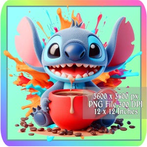 Stitch Coffee Png, Image pour les amateurs de café, Image Clipart de tasse à café Stitch, téléchargement immédiat, Image de fête imprimable, a22