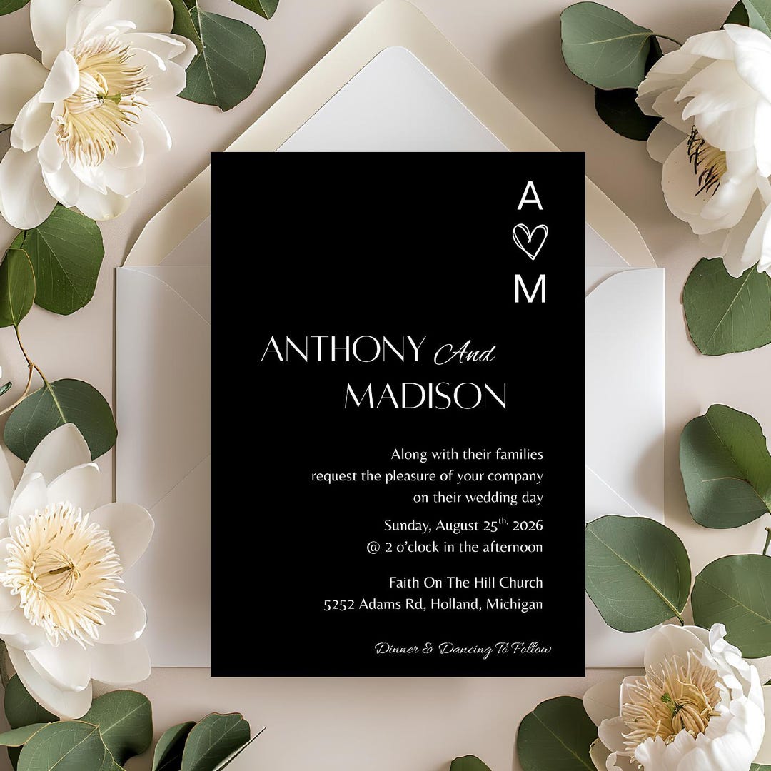 Editable Black Color Block Wedding Invitation, Elegant Minimalist ...