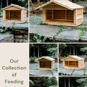 May include: Our collection of feeding stations.  A set of six wooden bird feeders with a peaked roof. The feeders are made of natural wood and have a rustic look.