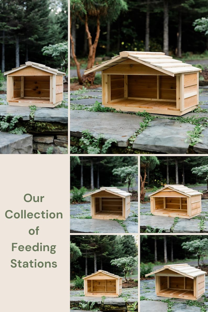 May include: Our collection of feeding stations.  A set of six wooden bird feeders with a peaked roof. The feeders are made of natural wood and have a rustic look.
