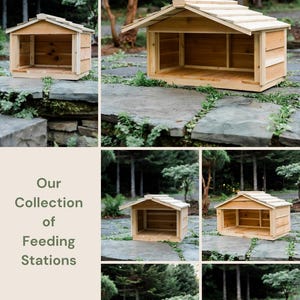 May include: A collection of four wooden bird feeders with a peaked roof. The feeders are made of natural wood and have a rustic look.  Our Collection of Feeding Stations