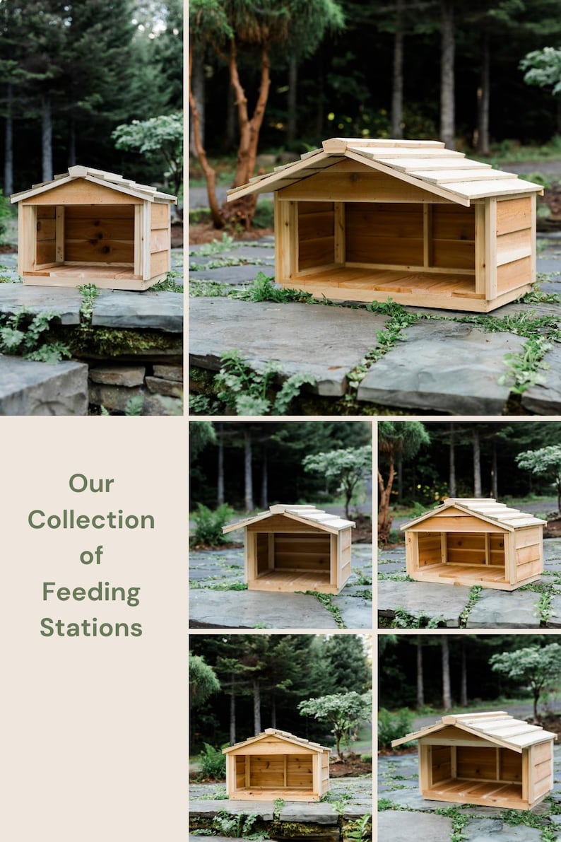 May include: A collection of four wooden bird feeders with a peaked roof. The feeders are made of natural wood and have a rustic look.  Our Collection of Feeding Stations