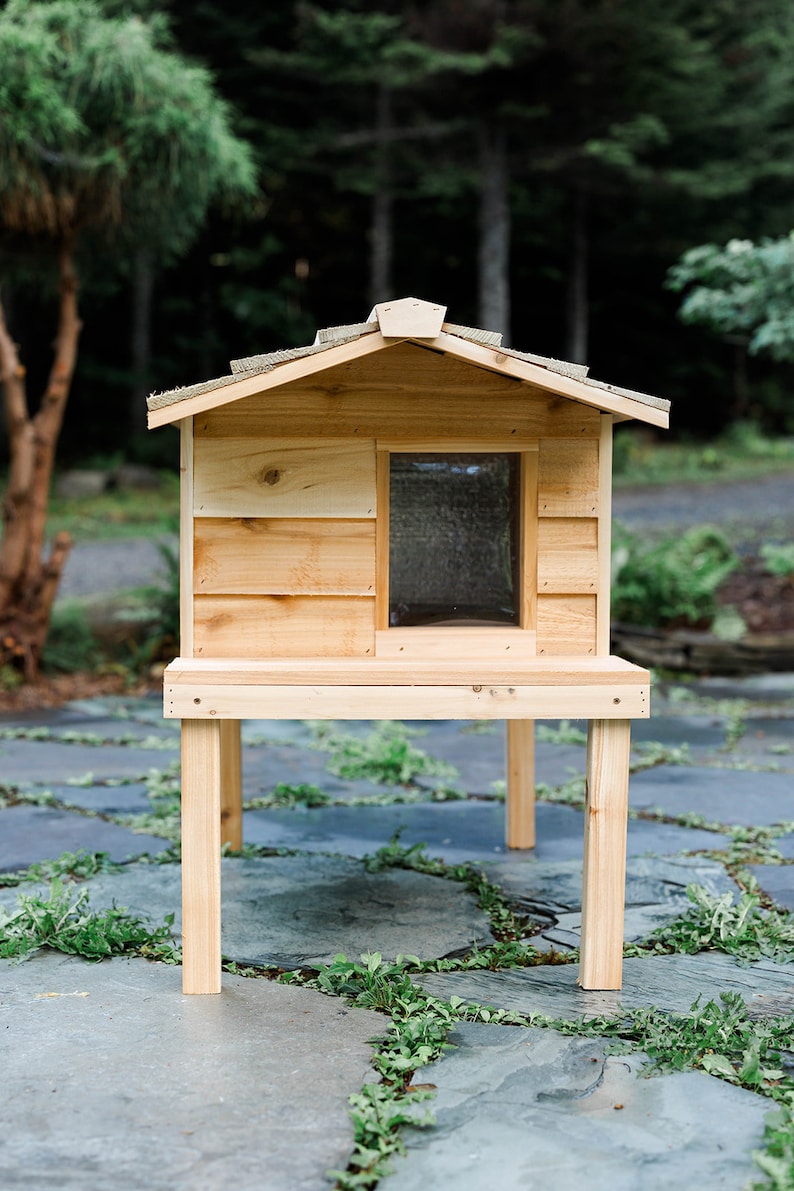 May include: A wooden cat house with a raised platform and a small window. The house is made of natural wood and has a simple design.